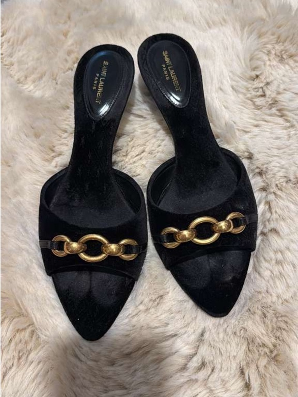 Saint Laurent Black Velvet Le Maillon Mules with Gold Chain Detail